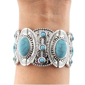 HOWLITE TURQUOISE SILVER STAINLESS STEEL TRIBAL BRACELET/ BOHEMIAN